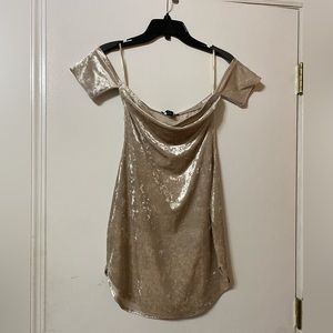 This off the shoulder dress is super cute. Crushed velvet look. Champagne color